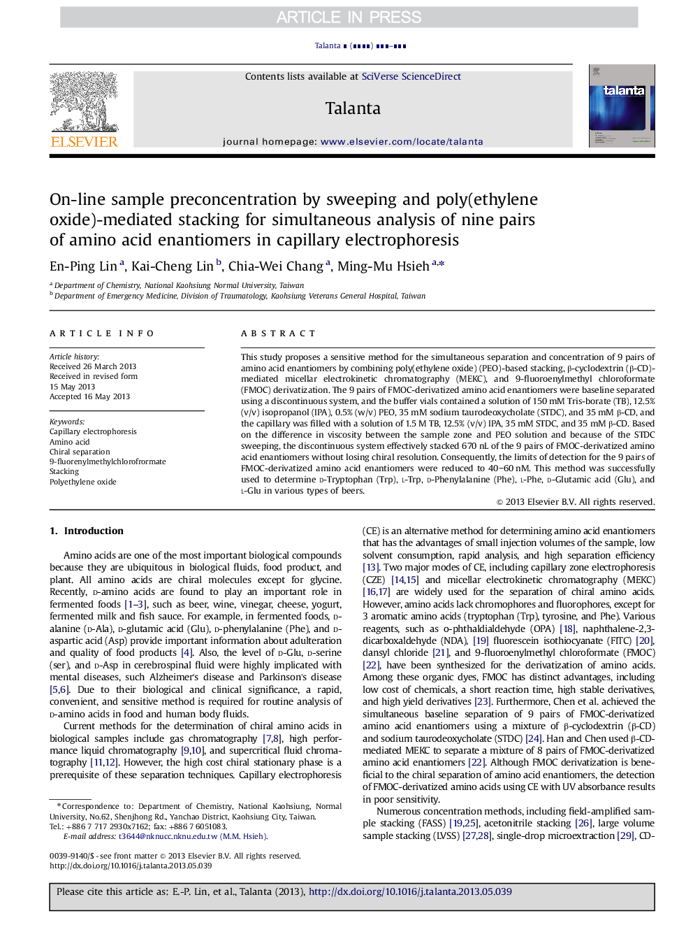 On-line sample preconcentration by sweeping and poly(ethylene oxide)-mediated stacking for simultaneous analysis of nine pairs of amino acid enantiomers in capillary electrophoresis