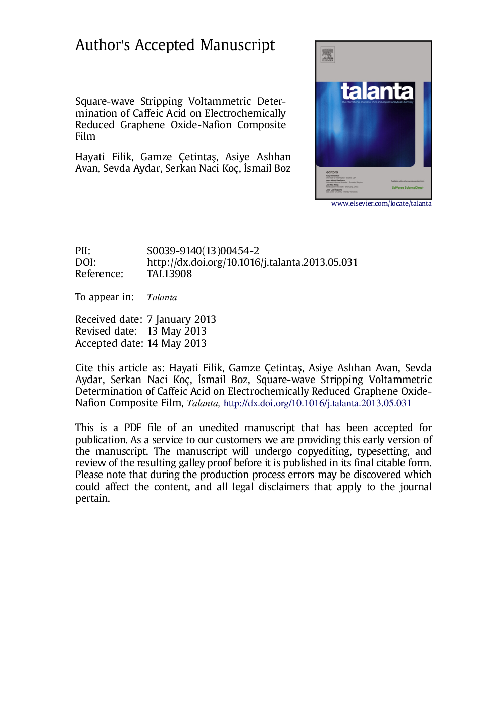 Square-wave stripping voltammetric determination of caffeic acid on electrochemically reduced graphene oxide-Nafion composite film