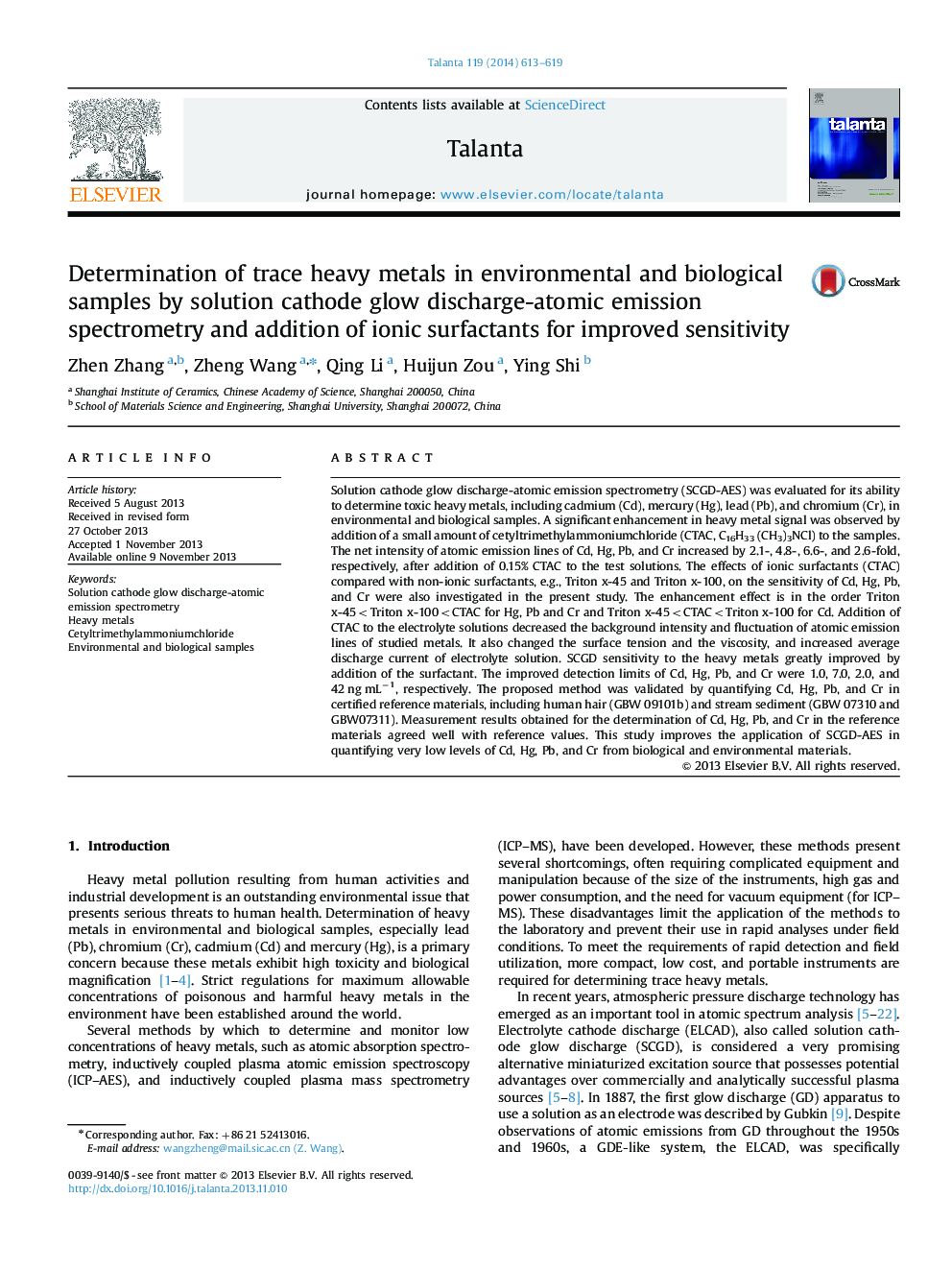 Determination of trace heavy metals in environmental and biological samples by solution cathode glow discharge-atomic emission spectrometry and addition of ionic surfactants for improved sensitivity