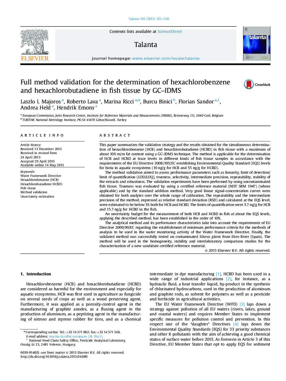 Full method validation for the determination of hexachlorobenzene and hexachlorobutadiene in fish tissue by GC-IDMS