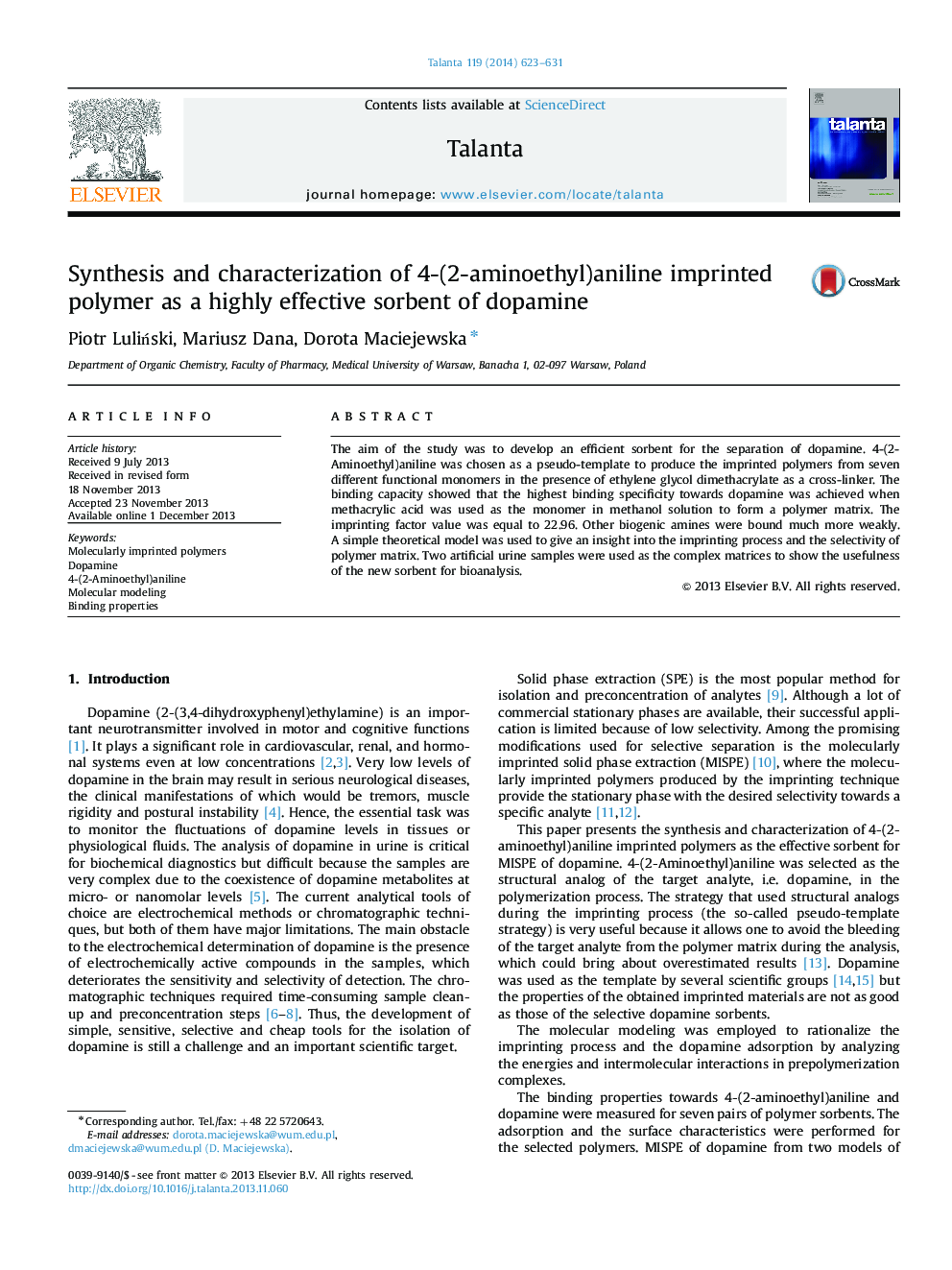 Synthesis and characterization of 4-(2-aminoethyl)aniline imprinted polymer as a highly effective sorbent of dopamine