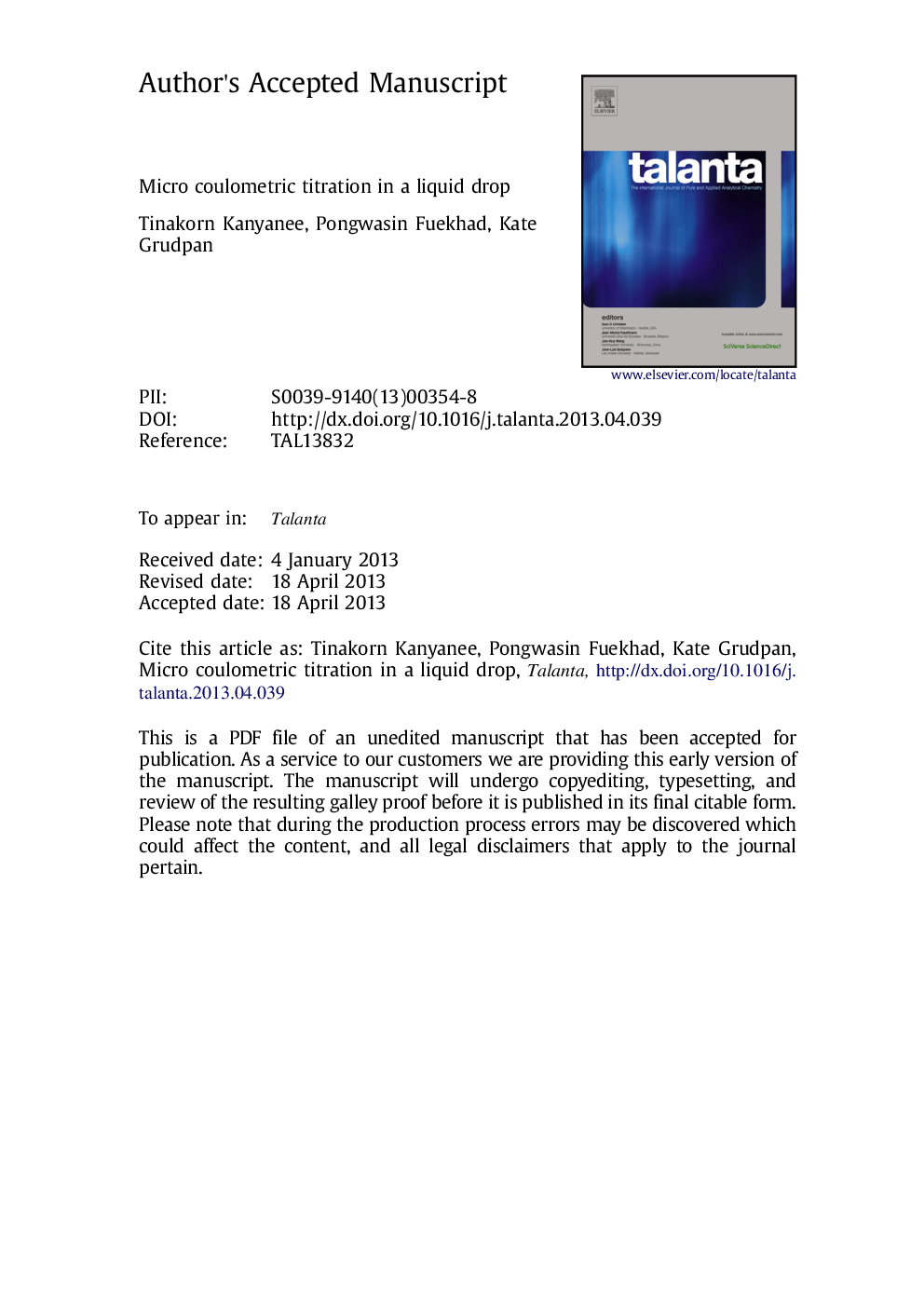 Micro coulometric titration in a liquid drop