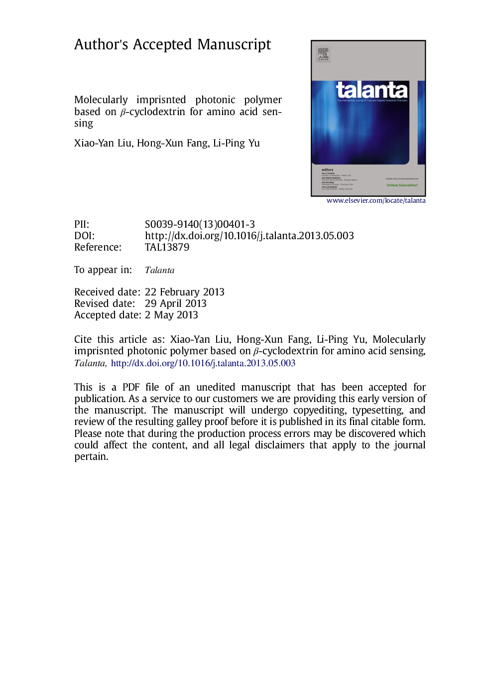 Molecularly imprinted photonic polymer based on Î²-cyclodextrin for amino acid sensing