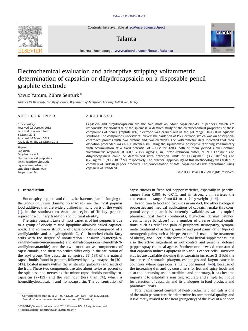 Electrochemical evaluation and adsorptive stripping voltammetric determination of capsaicin or dihydrocapsaicin on a disposable pencil graphite electrode