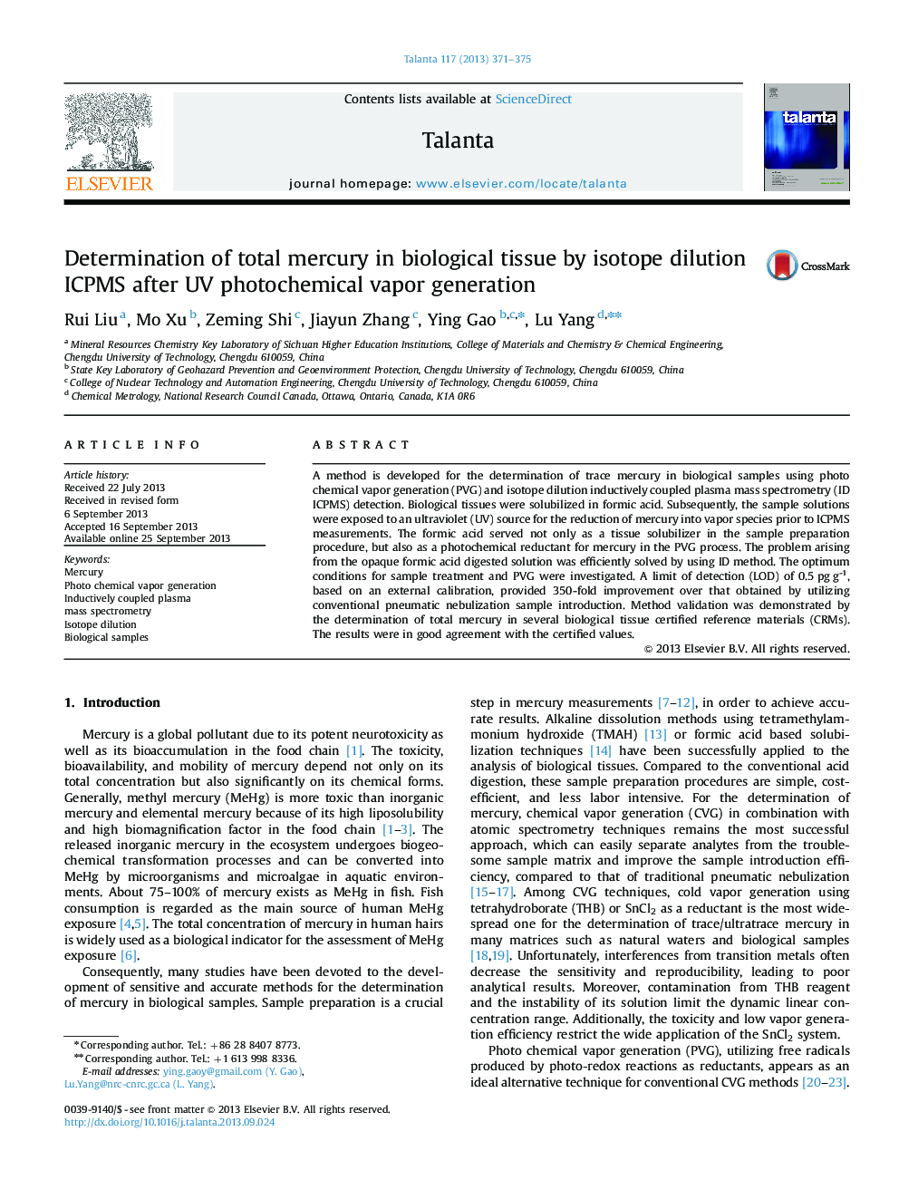 Determination of total mercury in biological tissue by isotope dilution ICPMS after UV photochemical vapor generation