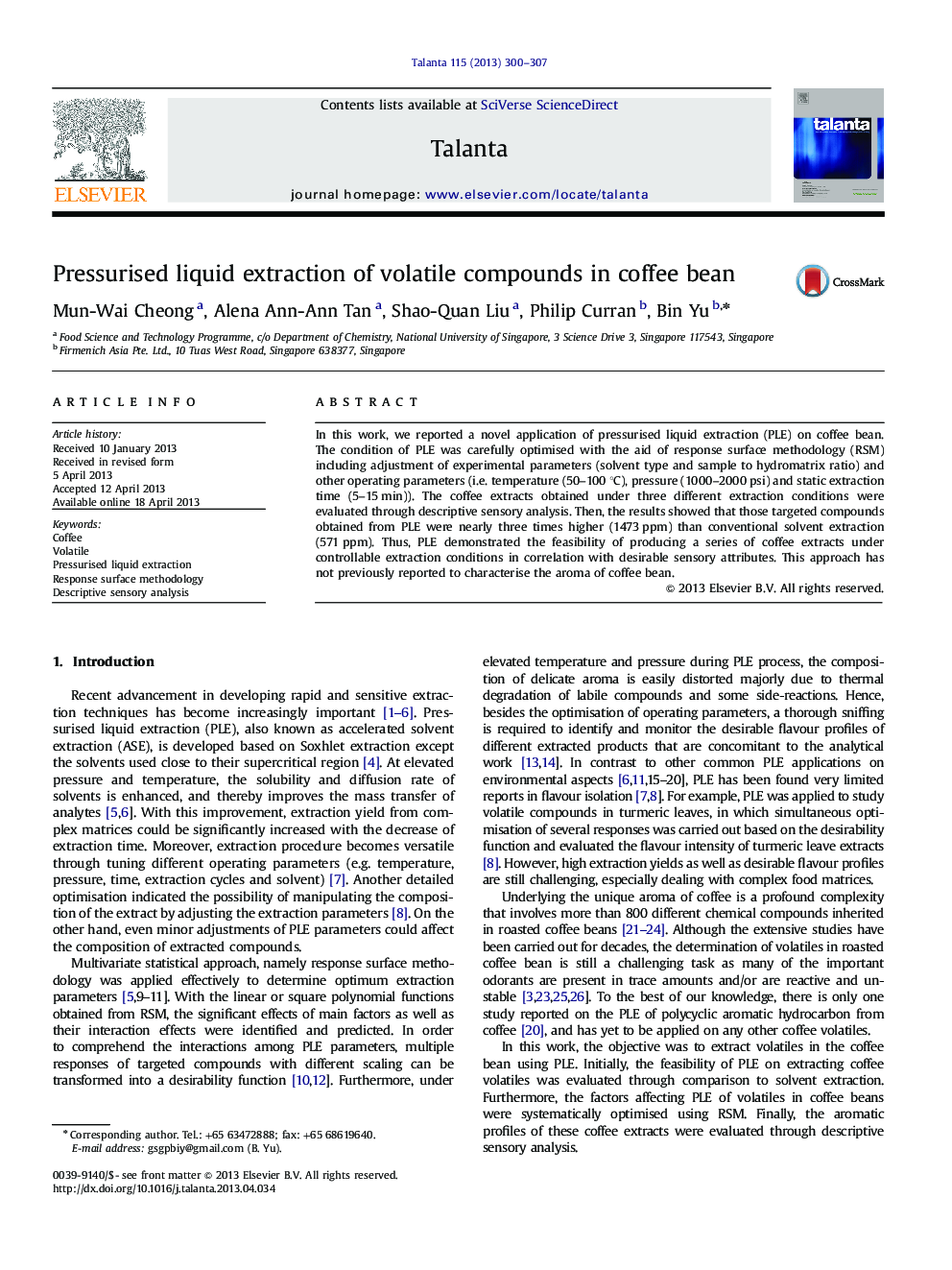 Pressurised liquid extraction of volatile compounds in coffee bean