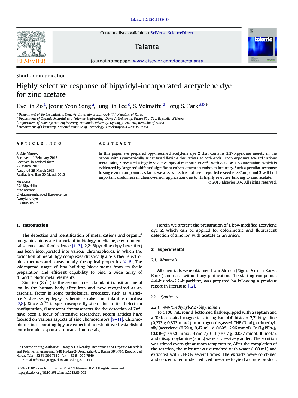 Highly selective response of bipyridyl-incorporated acetyelene dye for zinc acetate