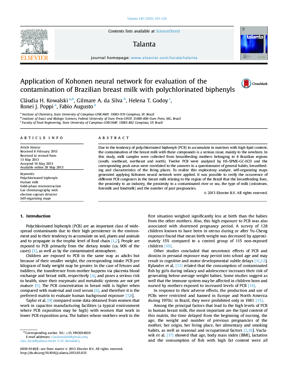 Application of Kohonen neural network for evaluation of the contamination of Brazilian breast milk with polychlorinated biphenyls