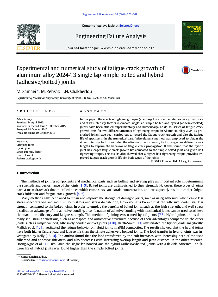 Experimental and numerical study of fatigue crack growth of aluminum alloy 2024-T3 single lap simple bolted and hybrid (adhesive/bolted) joints