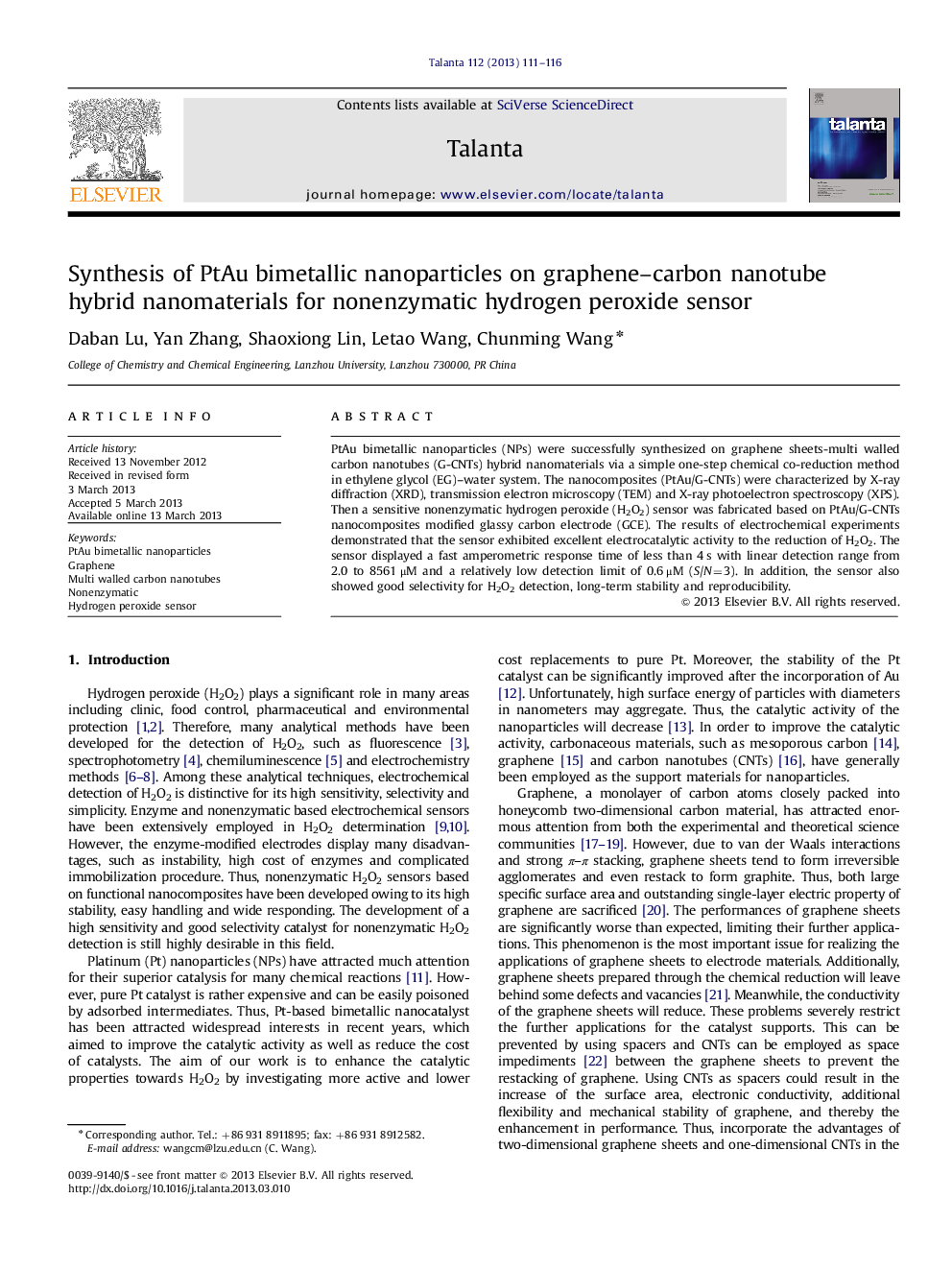 Synthesis of PtAu bimetallic nanoparticles on graphene-carbon nanotube hybrid nanomaterials for nonenzymatic hydrogen peroxide sensor