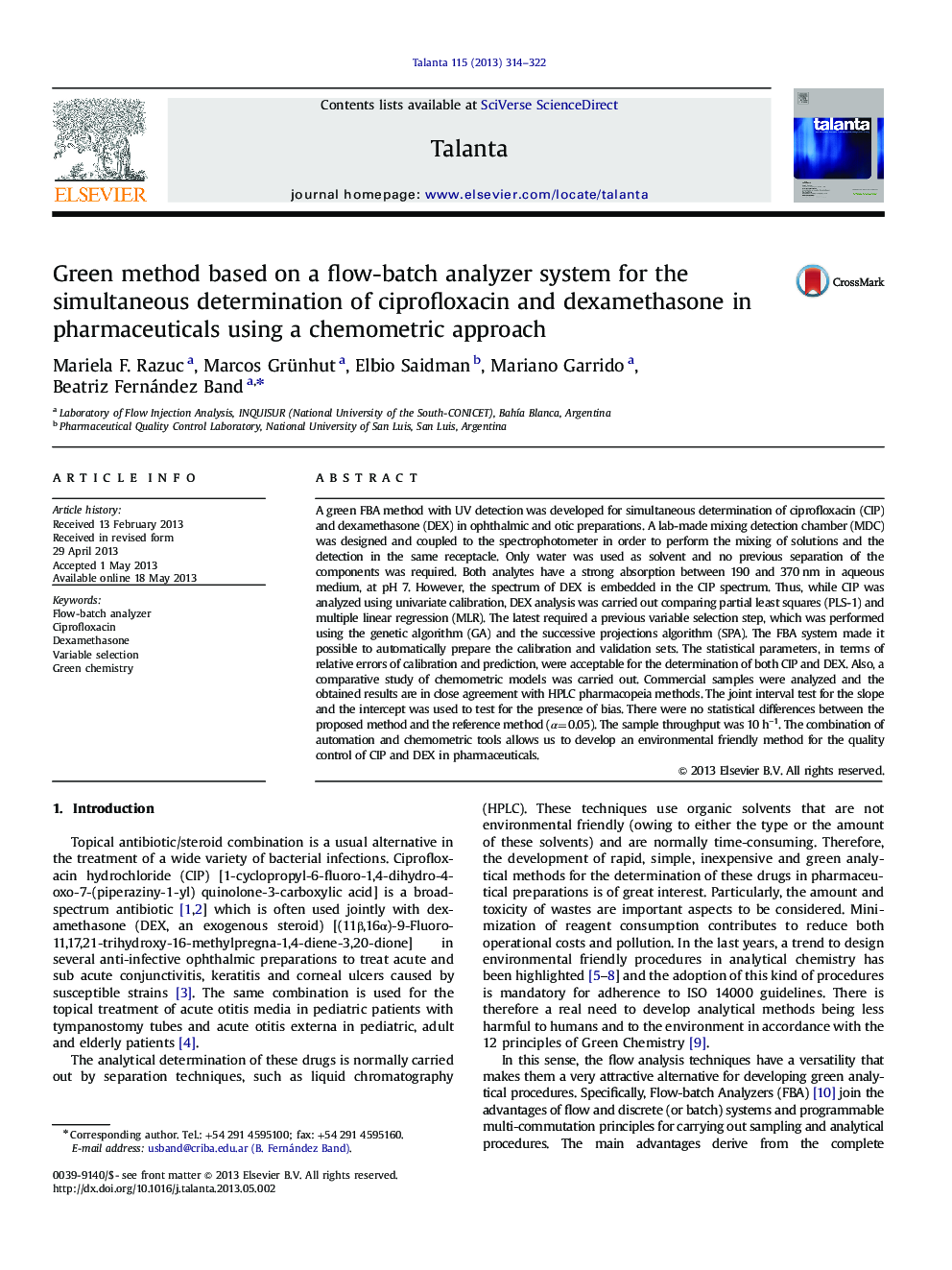 Green method based on a flow-batch analyzer system for the simultaneous determination of ciprofloxacin and dexamethasone in pharmaceuticals using a chemometric approach