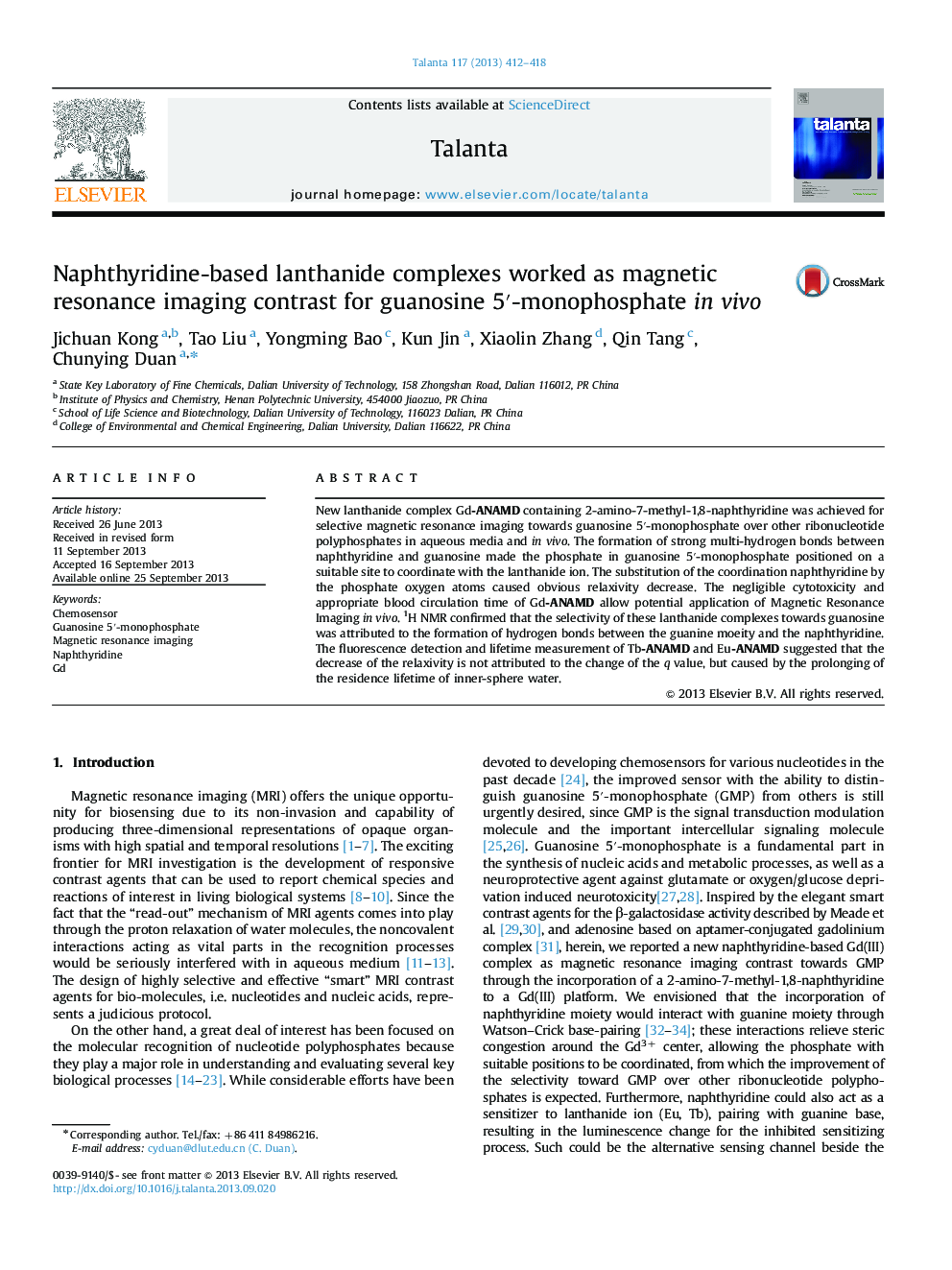 Naphthyridine-based lanthanide complexes worked as magnetic resonance imaging contrast for guanosine 5â²-monophosphate in vivo