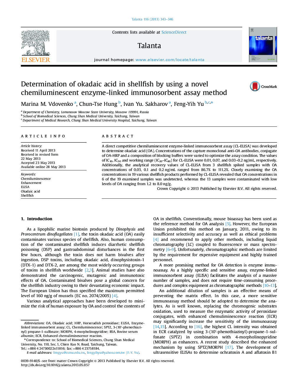 Determination of okadaic acid in shellfish by using a novel chemiluminescent enzyme-linked immunosorbent assay method