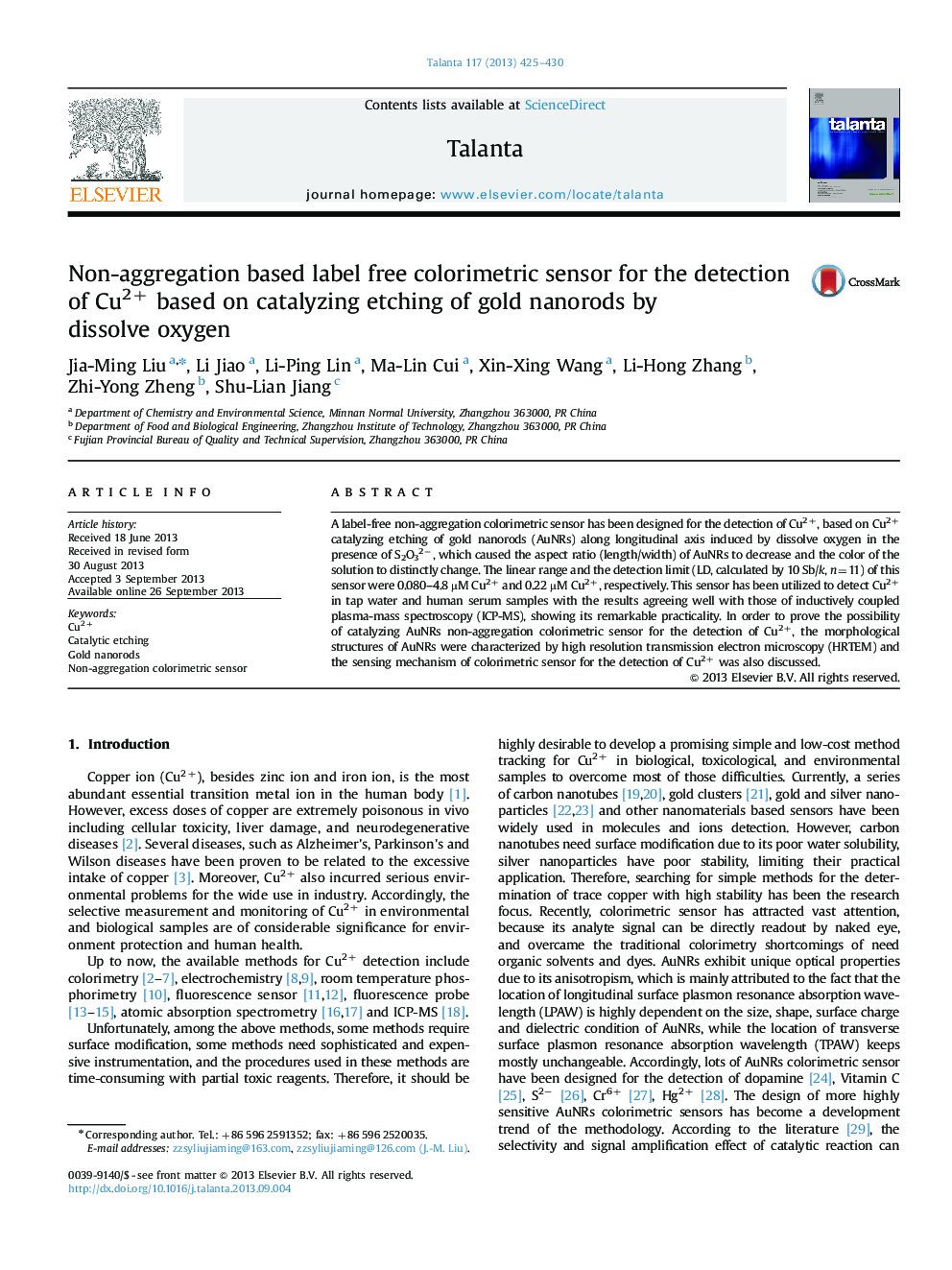 Non-aggregation based label free colorimetric sensor for the detection of Cu2+ based on catalyzing etching of gold nanorods by dissolve oxygen