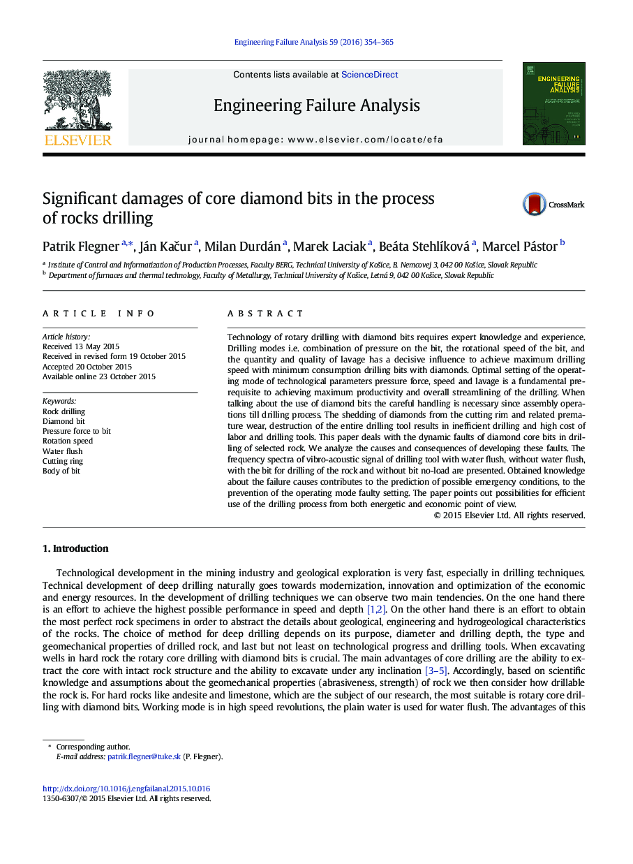 Significant damages of core diamond bits in the process of rocks drilling