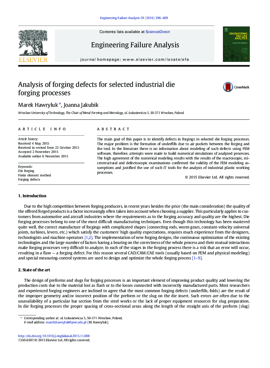 Analysis of forging defects for selected industrial die forging processes