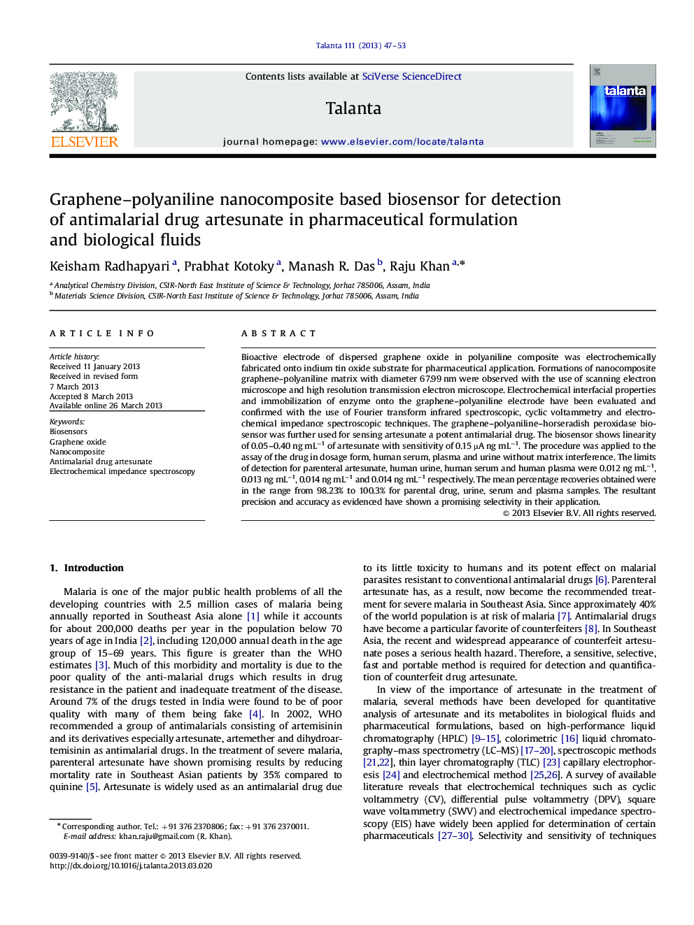 Graphene-polyaniline nanocomposite based biosensor for detection of antimalarial drug artesunate in pharmaceutical formulation and biological fluids