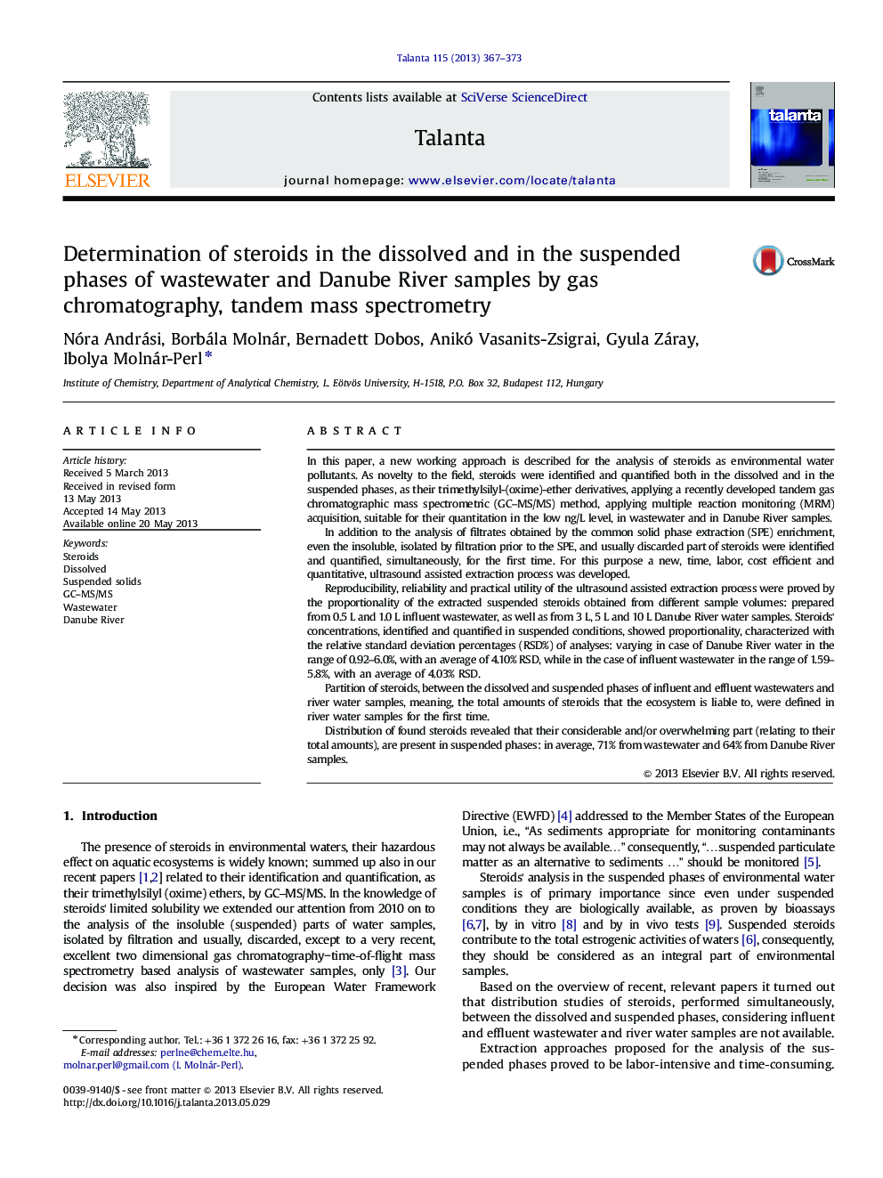 Determination of steroids in the dissolved and in the suspended phases of wastewater and Danube River samples by gas chromatography, tandem mass spectrometry