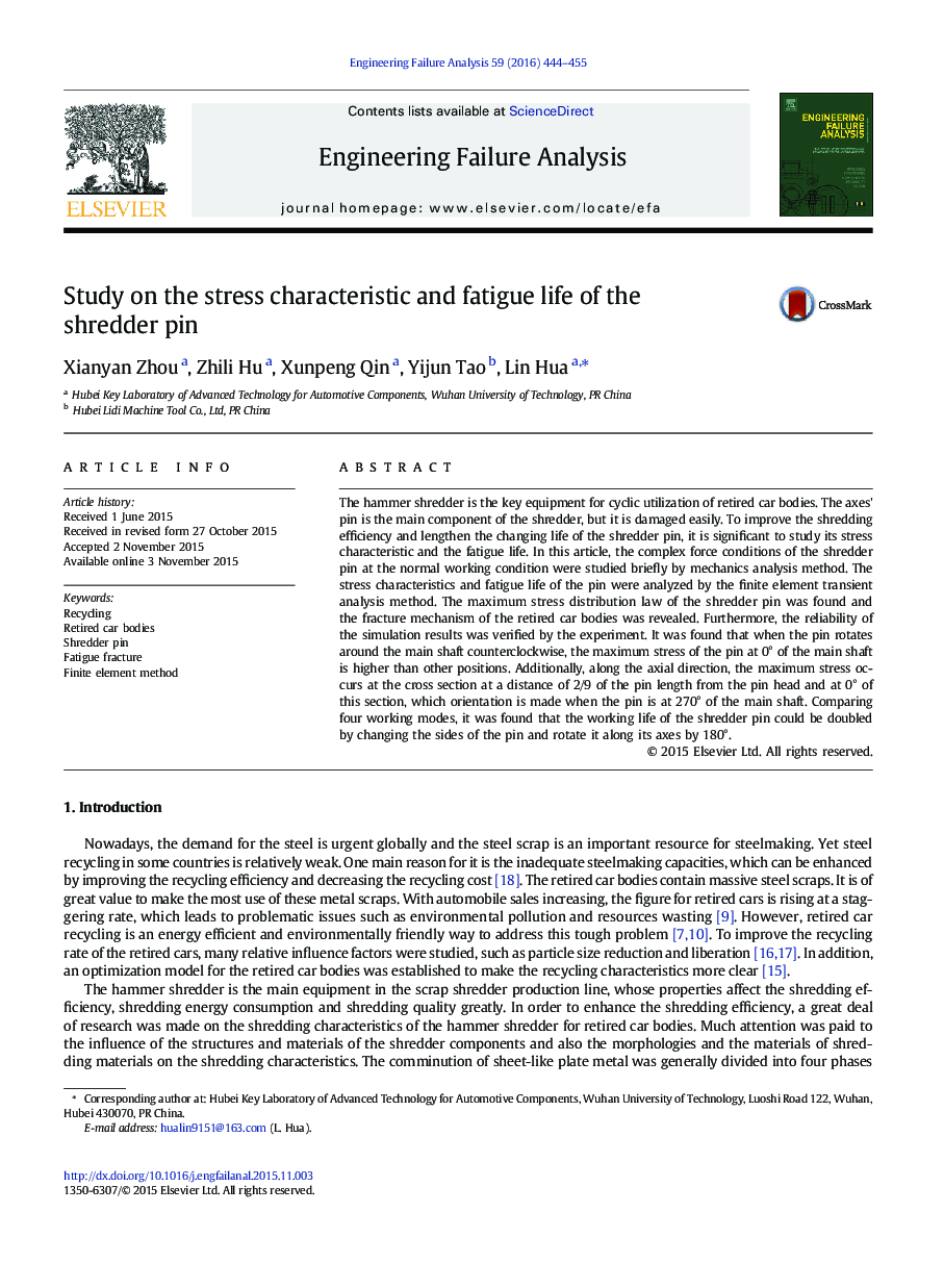 Study on the stress characteristic and fatigue life of the shredder pin