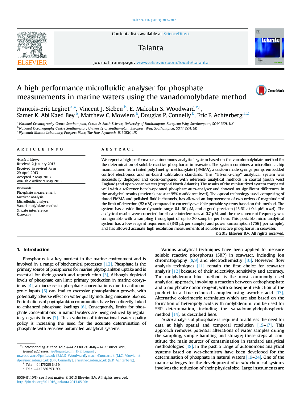 A high performance microfluidic analyser for phosphate measurements in marine waters using the vanadomolybdate method