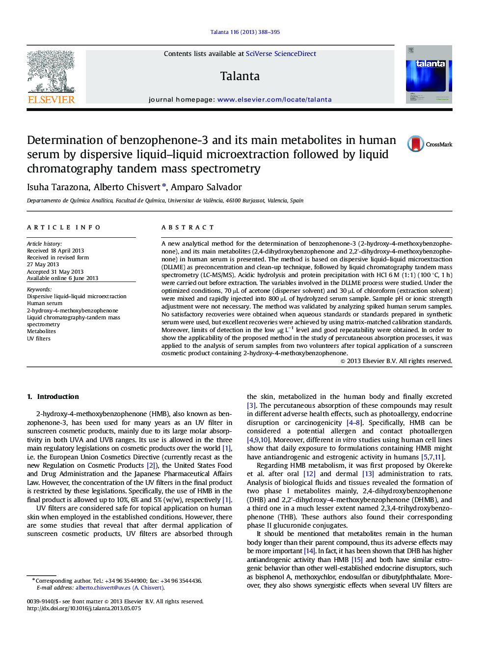 Determination of benzophenone-3 and its main metabolites in human serum by dispersive liquid-liquid microextraction followed by liquid chromatography tandem mass spectrometry