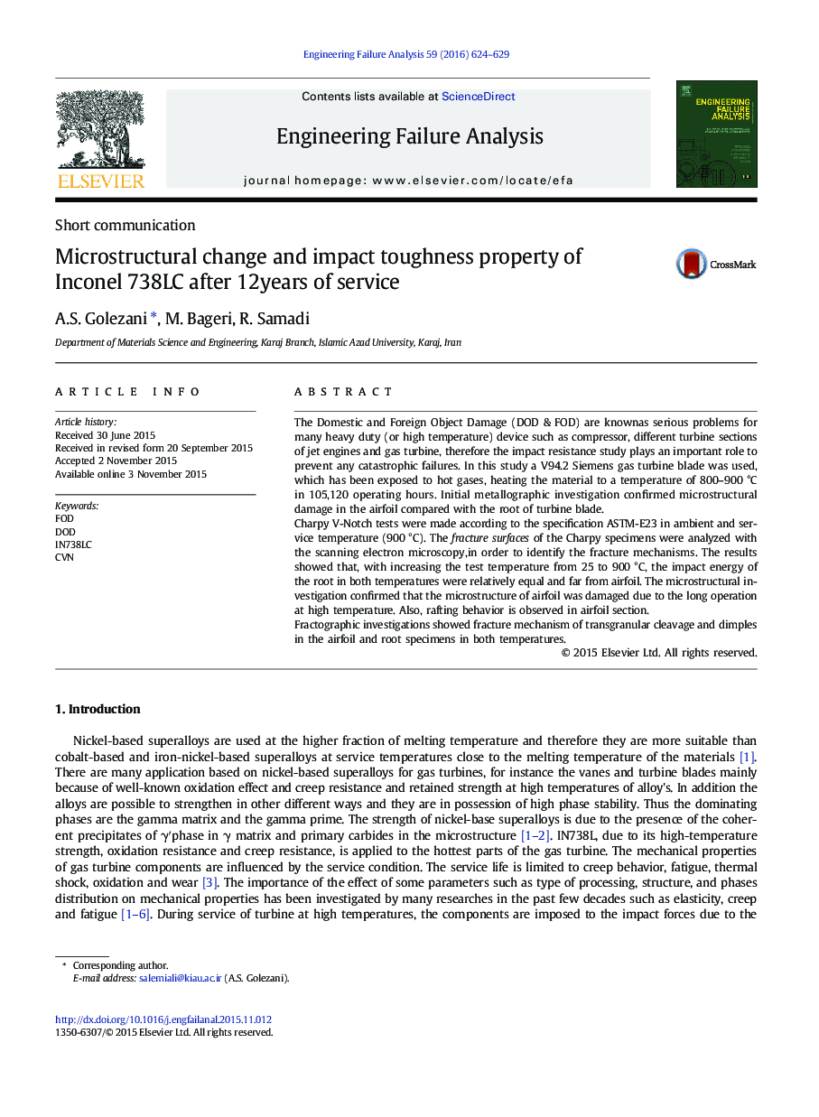 Microstructural change and impact toughness property of Inconel 738LC after 12years of service