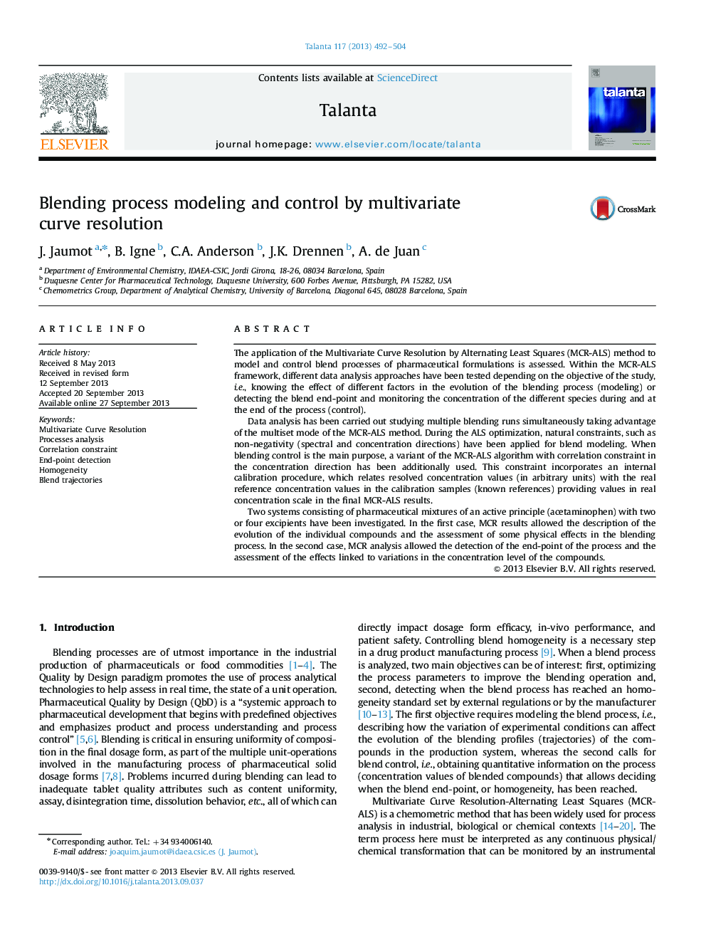 Blending process modeling and control by multivariate curve resolution