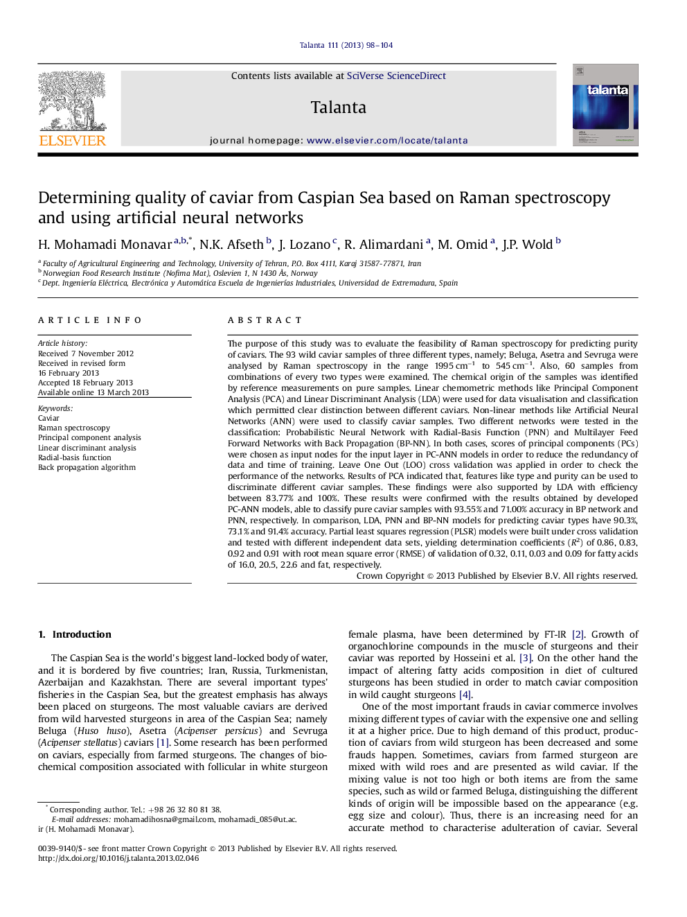 Determining quality of caviar from Caspian Sea based on Raman spectroscopy and using artificial neural networks