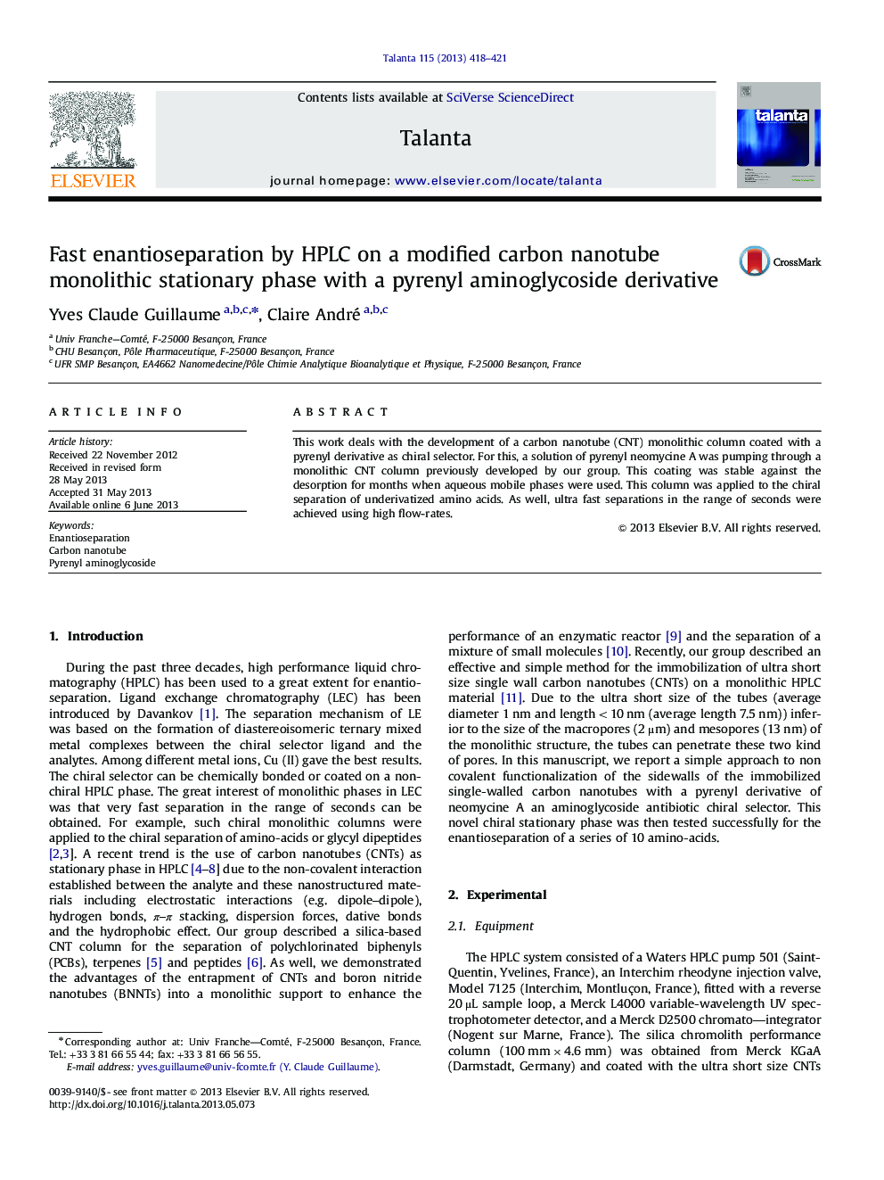 Fast enantioseparation by HPLC on a modified carbon nanotube monolithic stationary phase with a pyrenyl aminoglycoside derivative