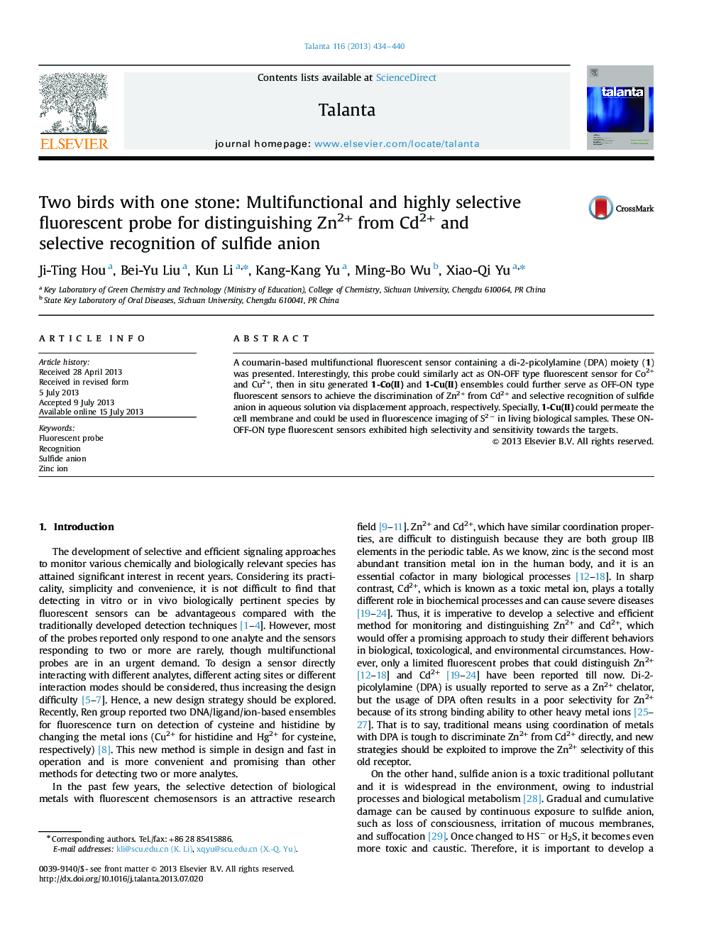 Two birds with one stone: Multifunctional and highly selective fluorescent probe for distinguishing Zn2+ from Cd2+ and selective recognition of sulfide anion