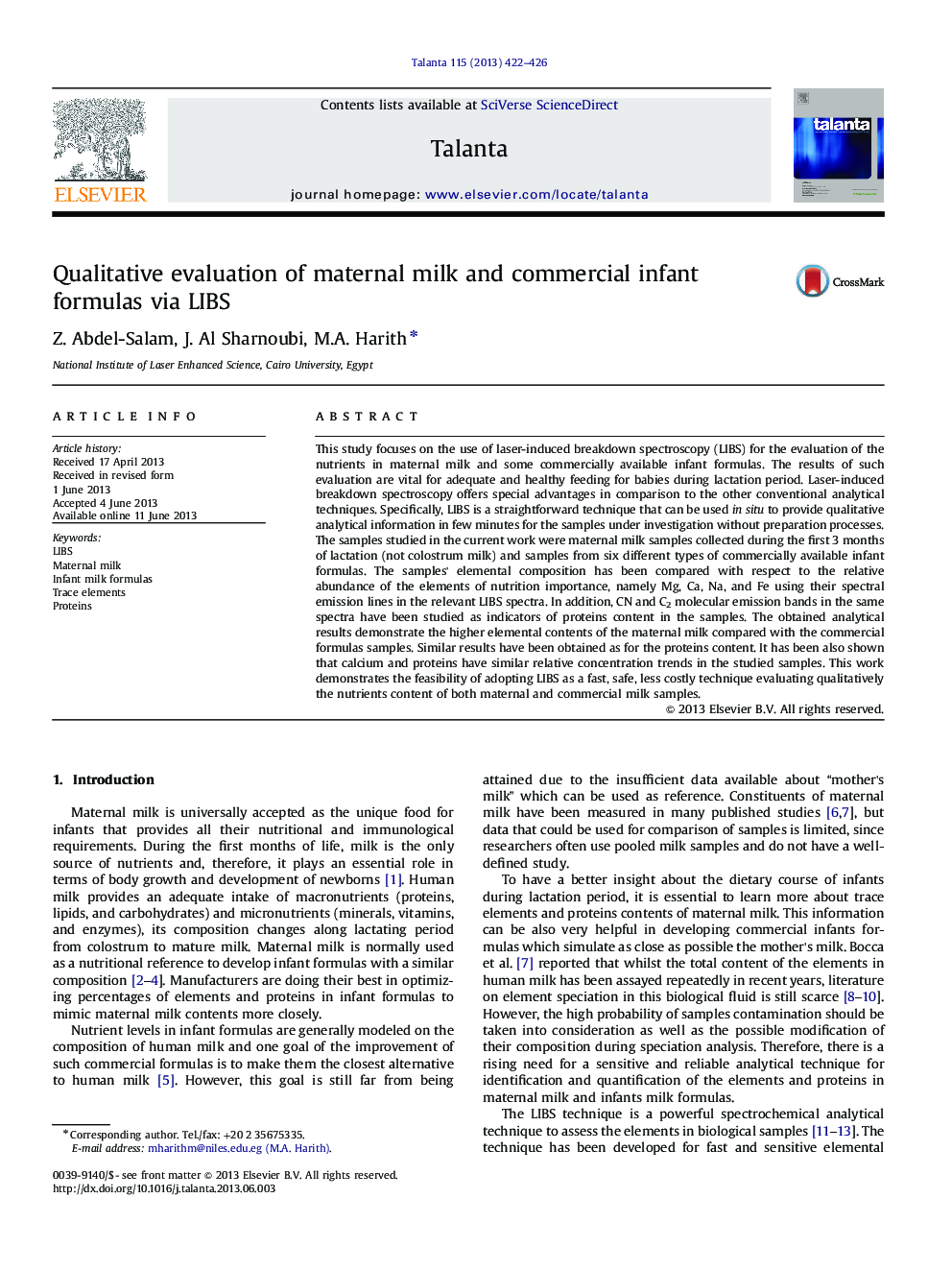 Qualitative evaluation of maternal milk and commercial infant formulas via LIBS
