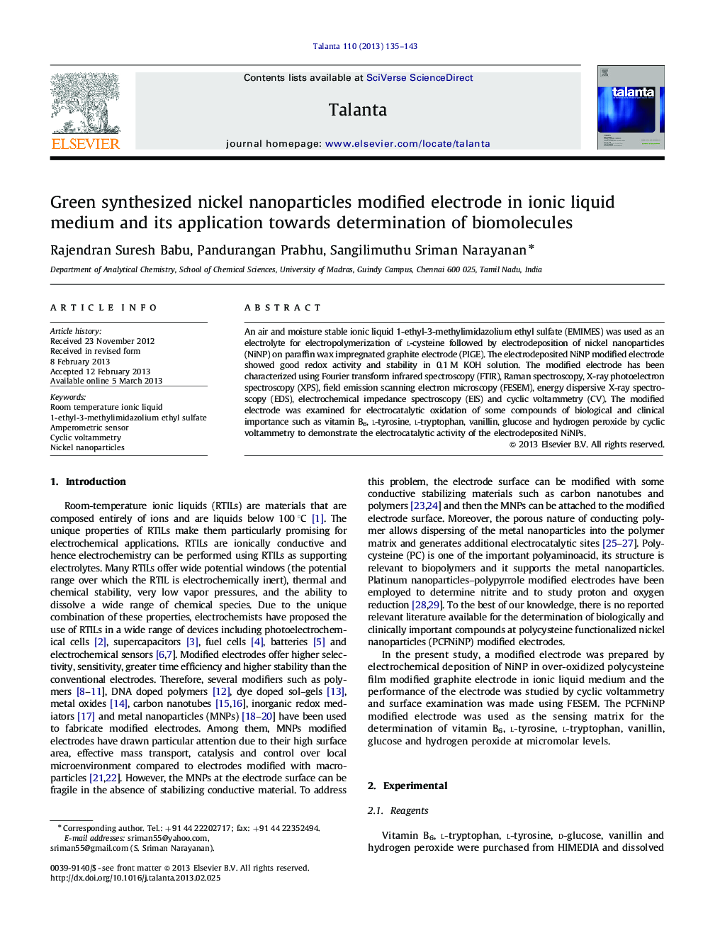 Green synthesized nickel nanoparticles modified electrode in ionic liquid medium and its application towards determination of biomolecules