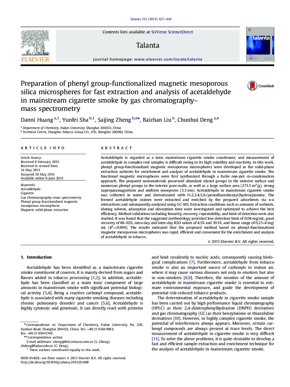 Preparation of phenyl group-functionalized magnetic mesoporous silica microspheres for fast extraction and analysis of acetaldehyde in mainstream cigarette smoke by gas chromatography-mass spectrometry