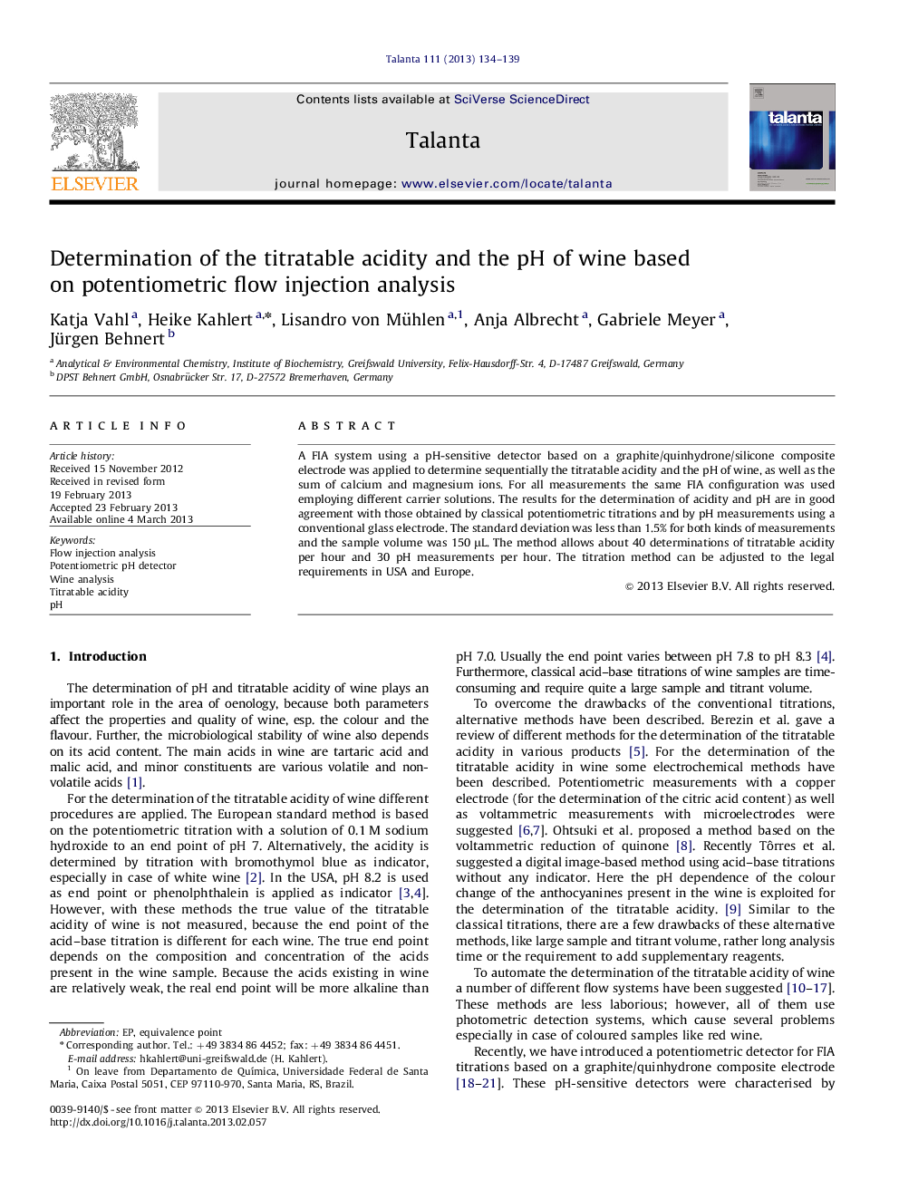 Determination of the titratable acidity and the pH of wine based on potentiometric flow injection analysis