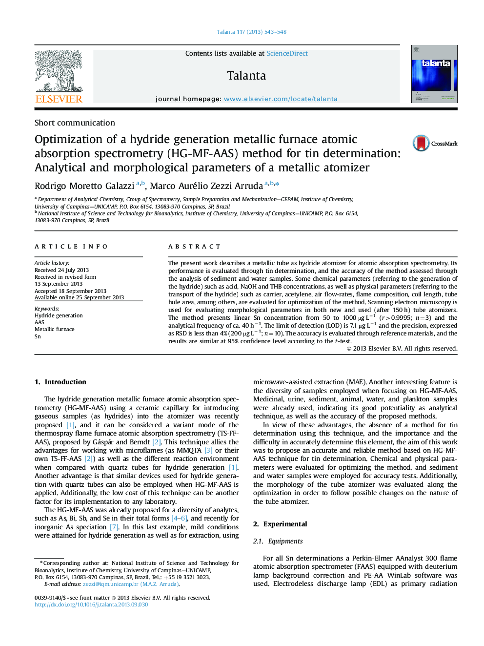 Optimization of a hydride generation metallic furnace atomic absorption spectrometry (HG-MF-AAS) method for tin determination: Analytical and morphological parameters of a metallic atomizer