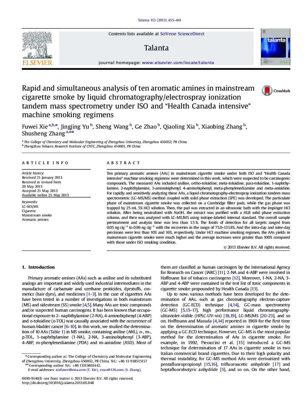 Rapid and simultaneous analysis of ten aromatic amines in mainstream cigarette smoke by liquid chromatography/electrospray ionization tandem mass spectrometry under ISO and “Health Canada intensive” machine smoking regimens