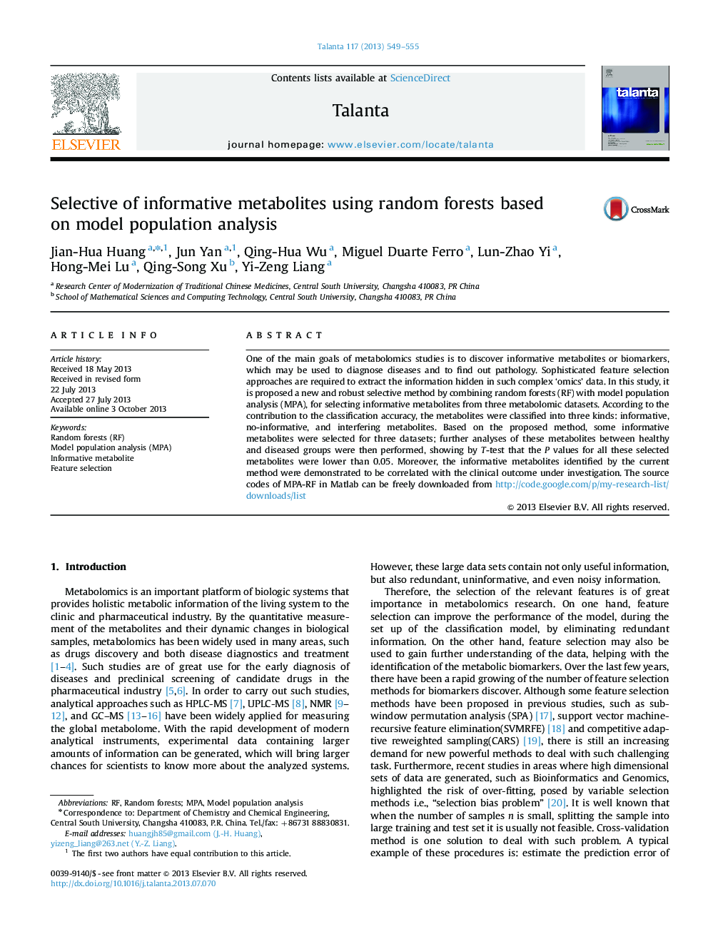 Selective of informative metabolites using random forests based on model population analysis