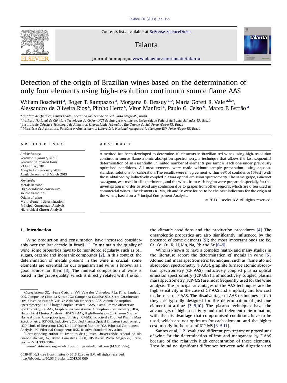 Detection of the origin of Brazilian wines based on the determination of only four elements using high-resolution continuum source flame AAS