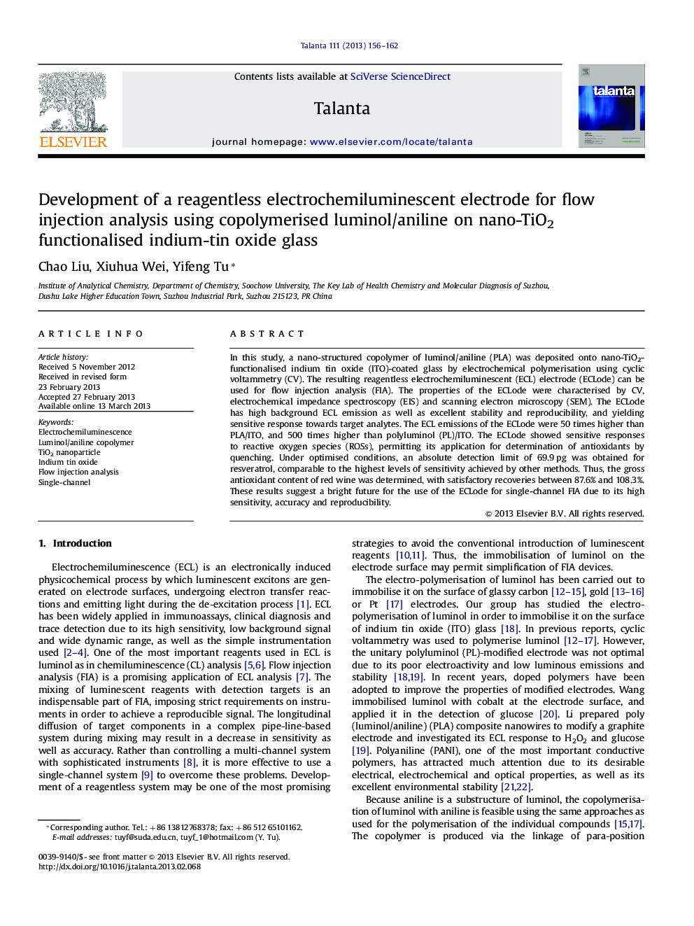 Development of a reagentless electrochemiluminescent electrode for flow injection analysis using copolymerised luminol/aniline on nano-TiO2 functionalised indium-tin oxide glass