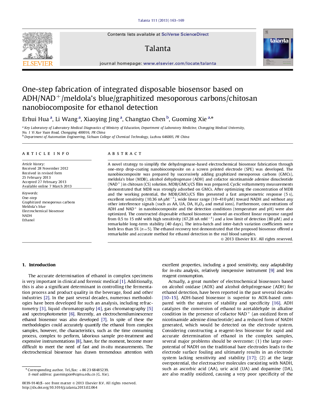 One-step fabrication of integrated disposable biosensor based on ADH/NAD+/meldola's blue/graphitized mesoporous carbons/chitosan nanobiocomposite for ethanol detection