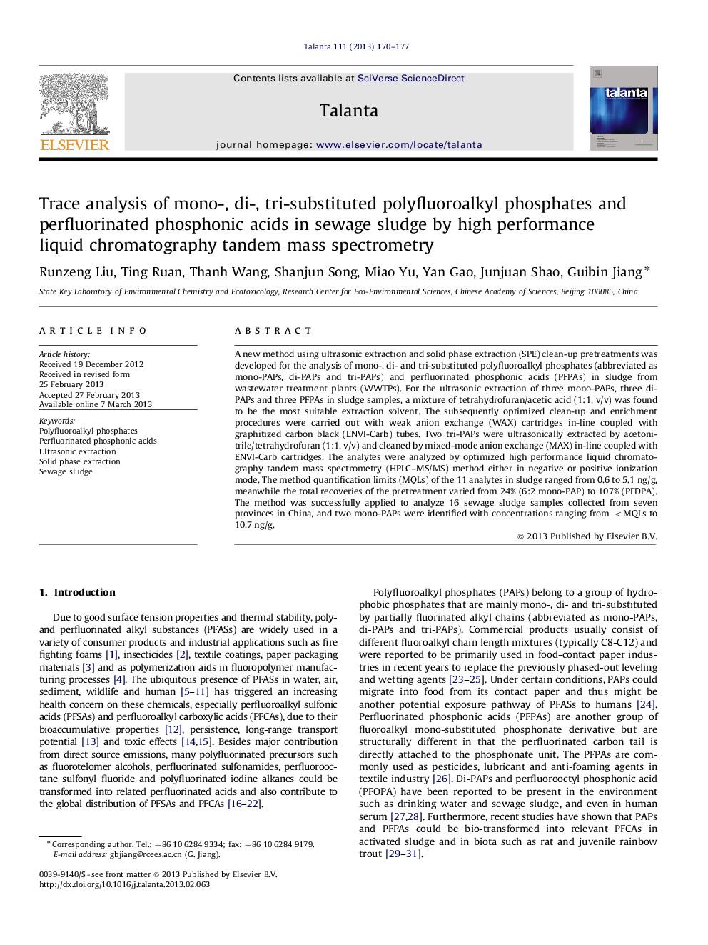 Trace analysis of mono-, di-, tri-substituted polyfluoroalkyl phosphates and perfluorinated phosphonic acids in sewage sludge by high performance liquid chromatography tandem mass spectrometry