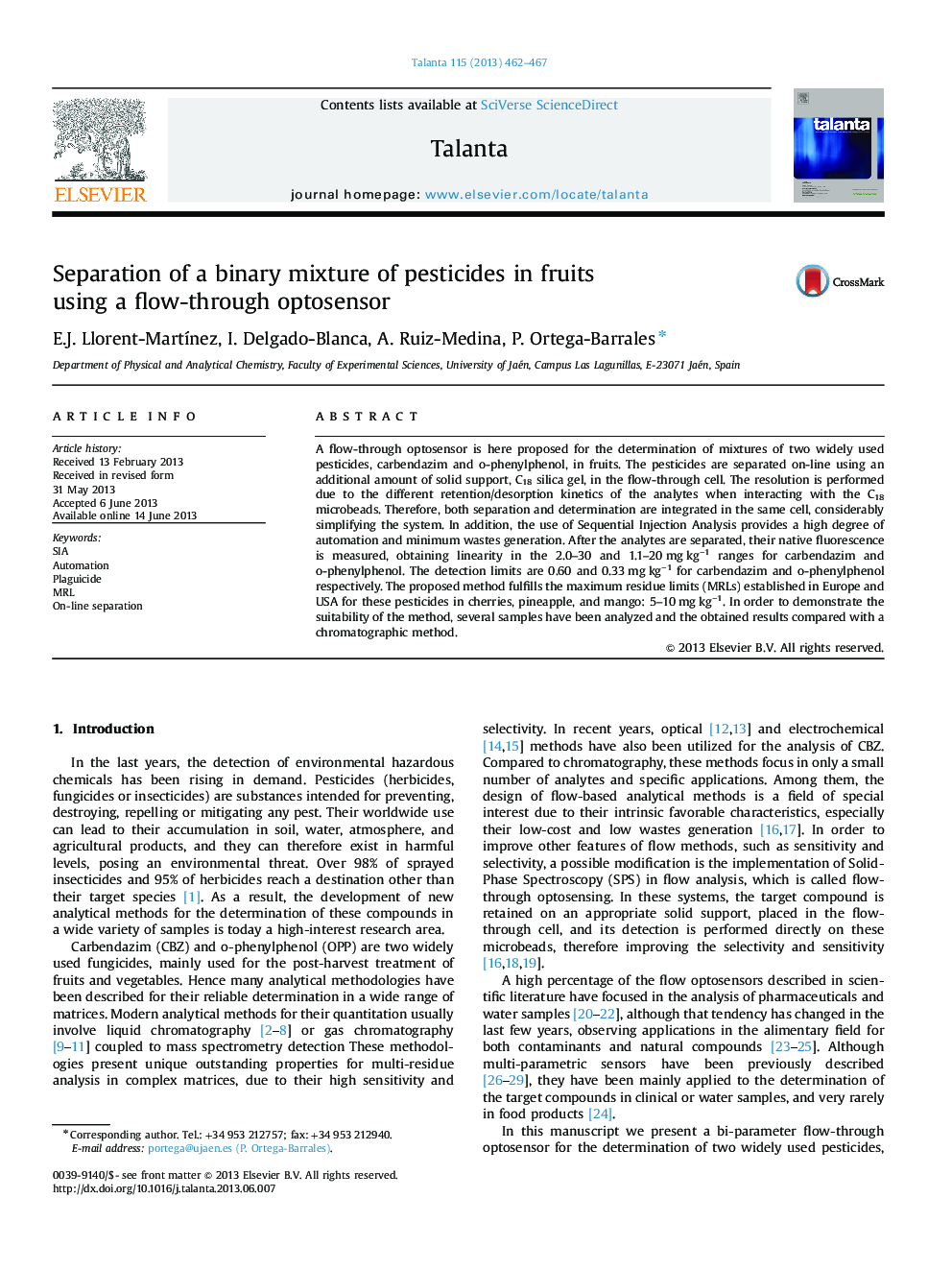 Separation of a binary mixture of pesticides in fruits using a flow-through optosensor