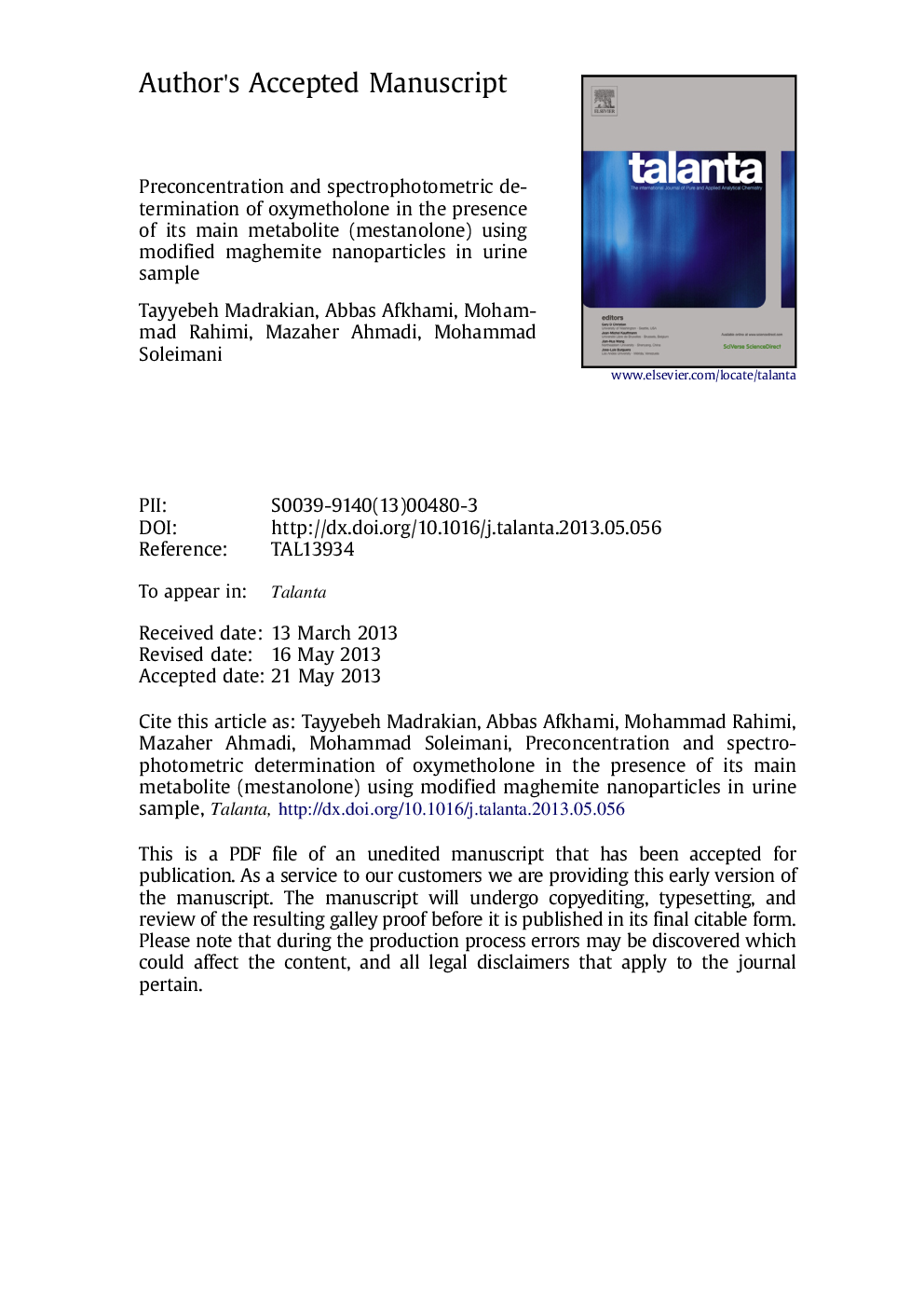 Preconcentration and spectrophotometric determination of oxymetholone in the presence of its main metabolite (mestanolone) using modified maghemite nanoparticles in urine sample