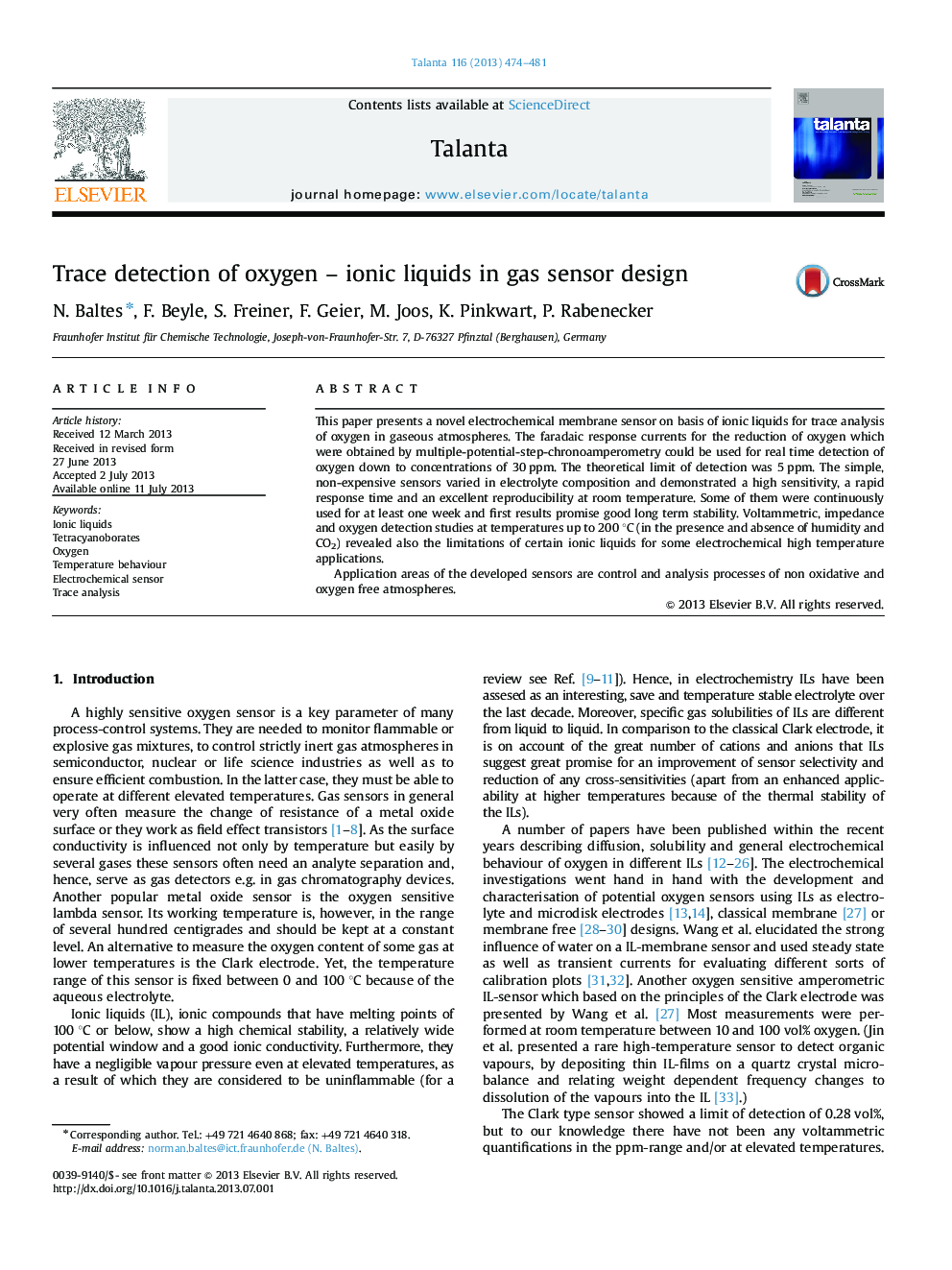 Trace detection of oxygen - ionic liquids in gas sensor design