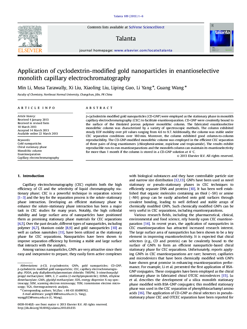 Application of cyclodextrin-modified gold nanoparticles in enantioselective monolith capillary electrochromatography