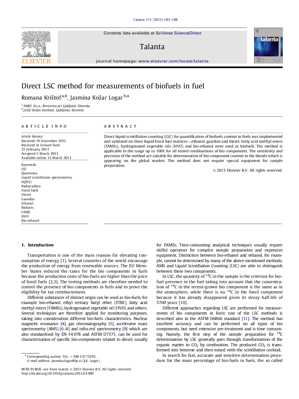 Direct LSC method for measurements of biofuels in fuel