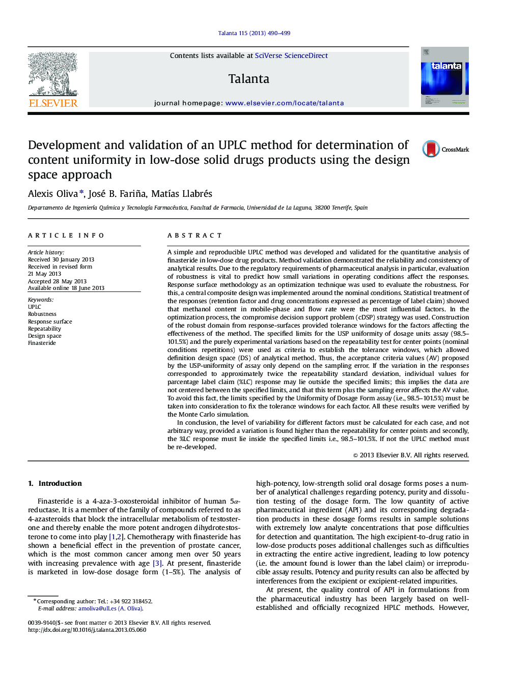 Development and validation of an UPLC method for determination of content uniformity in low-dose solid drugs products using the design space approach