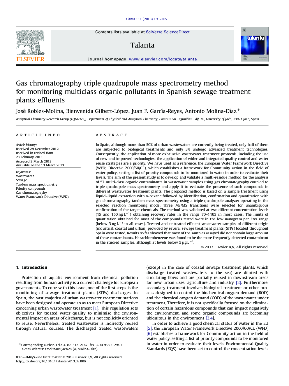 Gas chromatography triple quadrupole mass spectrometry method for monitoring multiclass organic pollutants in Spanish sewage treatment plants effluents