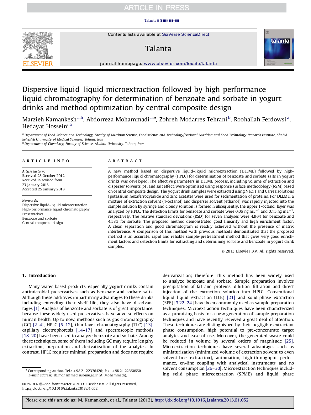 Dispersive liquid-liquid microextraction followed by high-performance liquid chromatography for determination of benzoate and sorbate in yogurt drinks and method optimization by central composite design