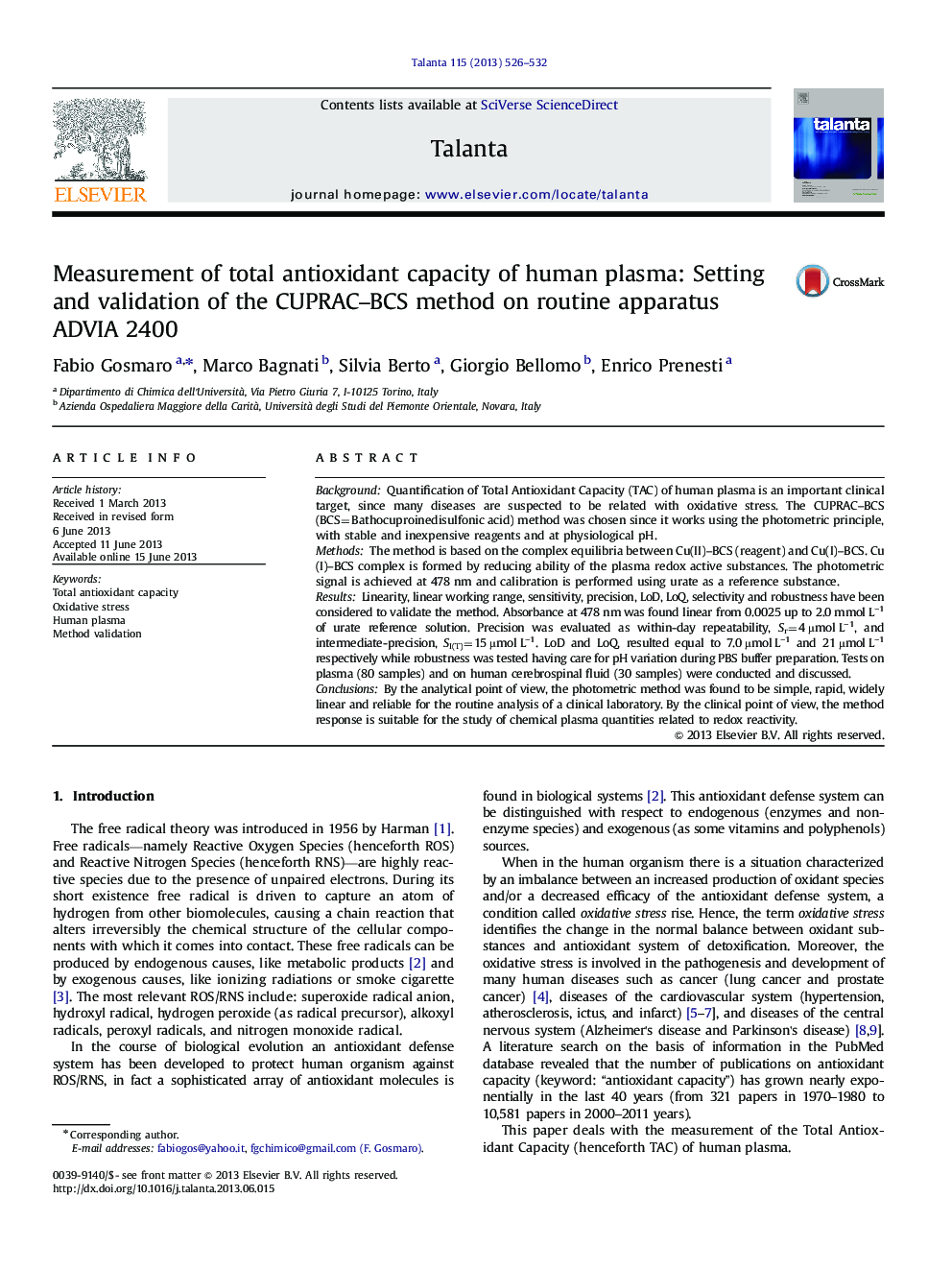 Measurement of total antioxidant capacity of human plasma: Setting and validation of the CUPRAC-BCS method on routine apparatus ADVIA 2400